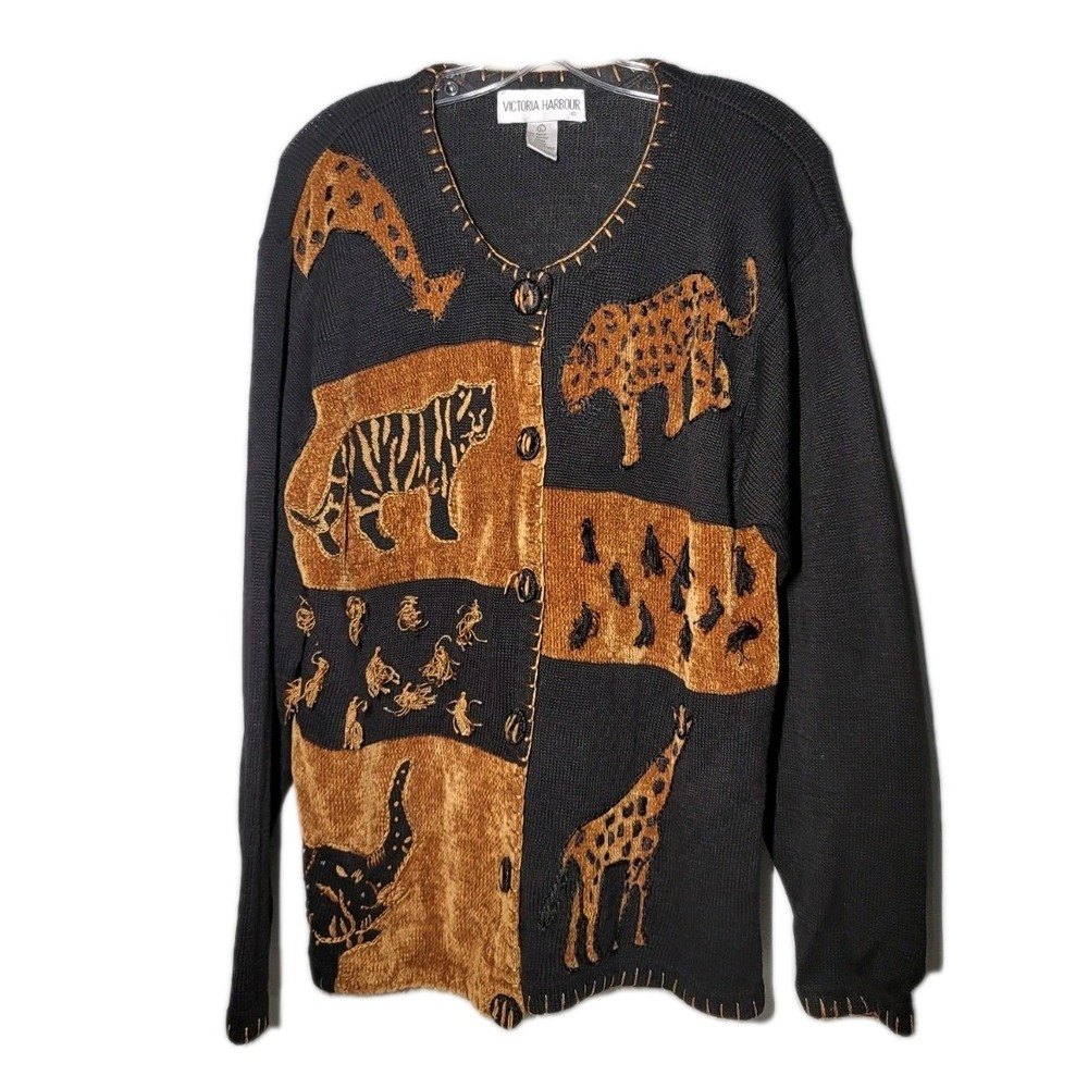 Victoria Harbour Womens Size Large Black Brown Animal Cardigan Sweater‎ Safari